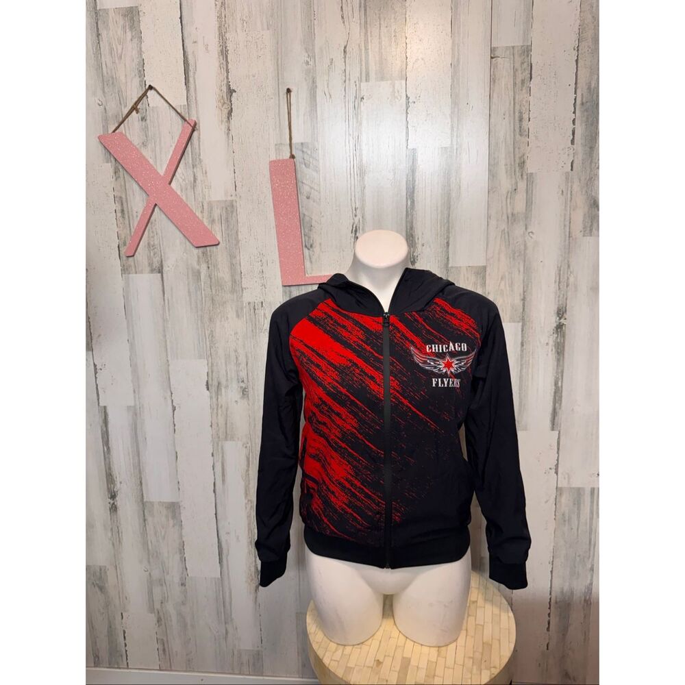 Chicago Flyers Track Club Hooded Windbreaker Jacket Womens Size XL Black Red Zip